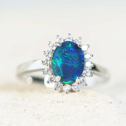 'Princess Grande Blue' Triplet Opal Ring Silver