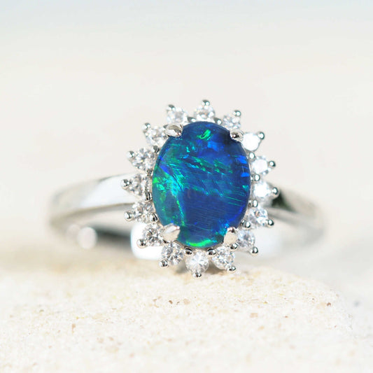 'Princess Grande Blue' Triplet Opal Ring Silver