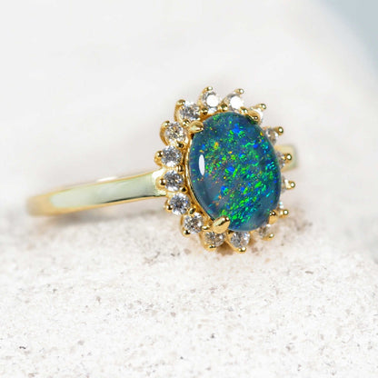 'Princess Grande Blue' Triplet Opal Ring Gold Plated Silver