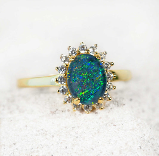 'Princess Grande Blue' Triplet Opal Ring Gold Plated Silver