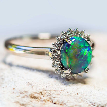 'Rainbow Princess' Black Opal Ring 18ct White Gold