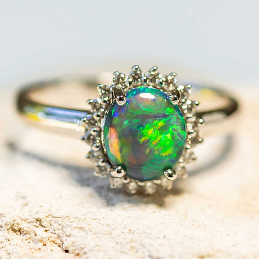 'Rainbow Princess' Black Opal Ring 18ct White Gold