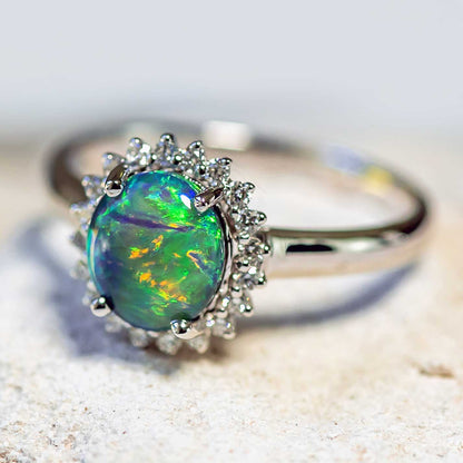 'Rainbow Princess' Black Opal Ring 18ct White Gold