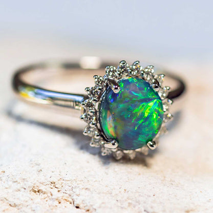 'Rainbow Princess' Black Opal Ring 18ct White Gold