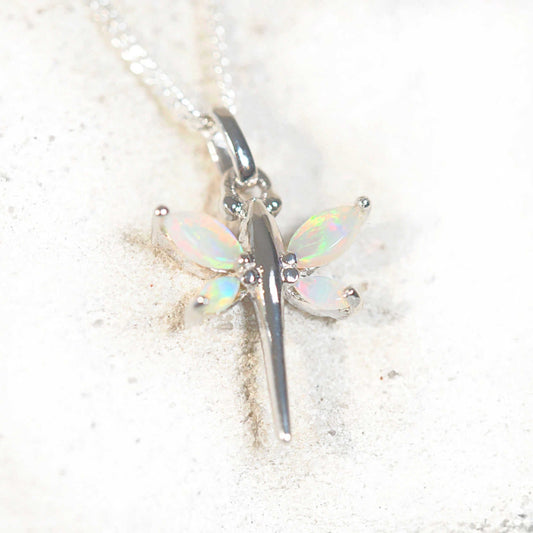 'Spring Dragonfly' Crystal Opal Pendant Silver