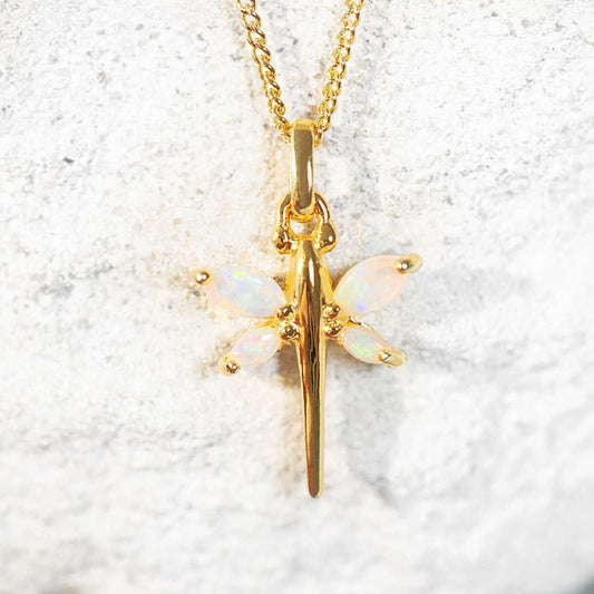 'Spring Dragonfly' White Opal Pendant Gold Plated Silver